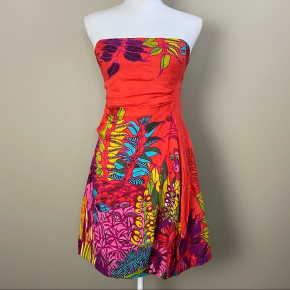 Nanette Lepore Red Strapless Tropical Dress 2 - Picture 1 of 9